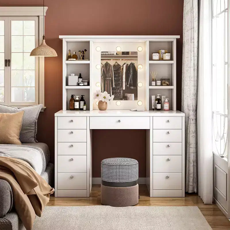Grande Toeletta con 11 Cassetti e 6 Ripiani Aperti, Toeletta Trucco con Specchio e Ampio Piano, Scrivania Trucco per Camera da Letto, Soggiorno, Bianco