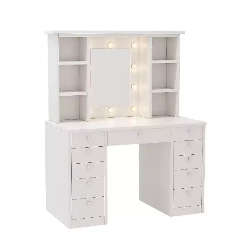 Grande Toeletta con 11 Cassetti e 6 Ripiani Aperti, Toeletta Trucco con Specchio e Ampio Piano, Scrivania Trucco per Camera da Letto, Soggiorno, Bianco