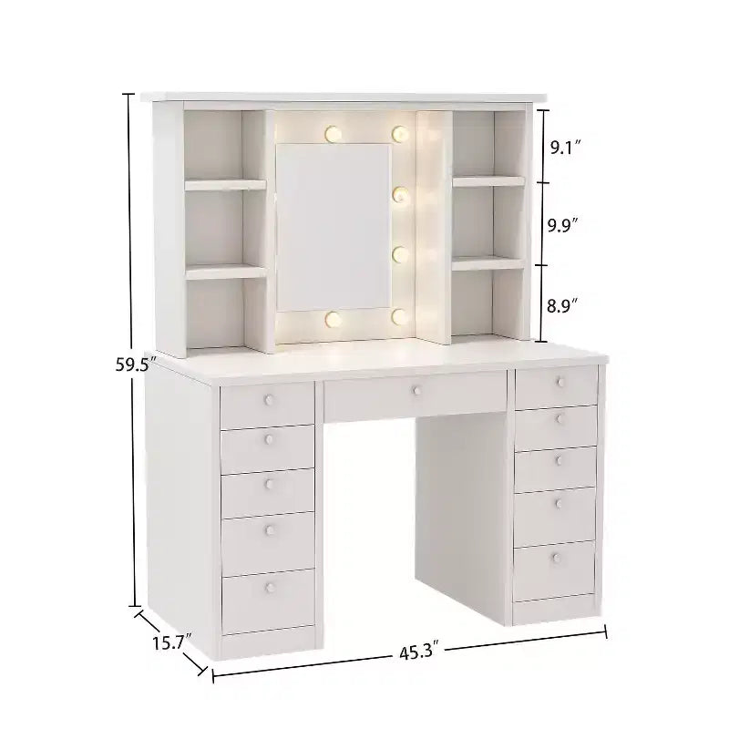 Grande Toeletta con 11 Cassetti e 6 Ripiani Aperti, Toeletta Trucco con Specchio e Ampio Piano, Scrivania Trucco per Camera da Letto, Soggiorno, Bianco