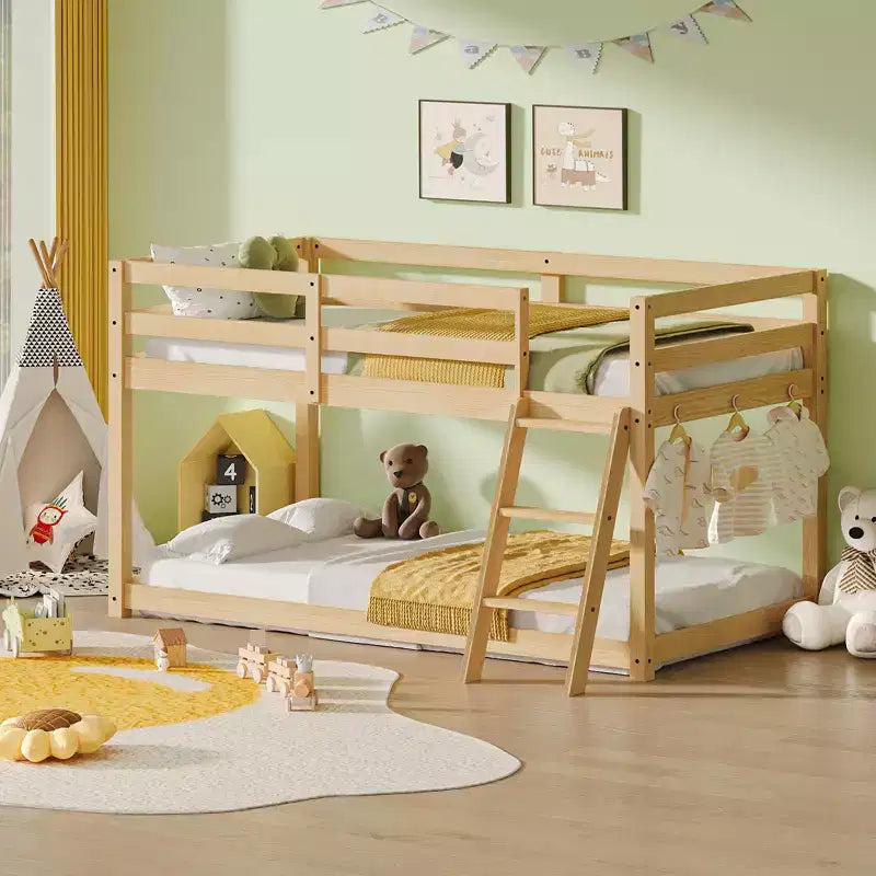Bellemave Kids Twin Low Loft Bed - Convertible to Bunk Bed, Solid Wood Modern Bed Frame with LED Strip Lighting, OAK.