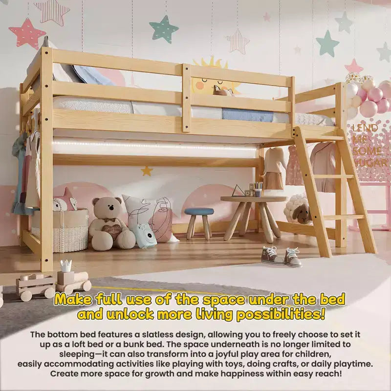 Letto a soppalco basso doppio per bambini - Convertibile in letto a castello, Struttura letto moderna in legno massiccio con illuminazione a striscia LED, QUERCIA