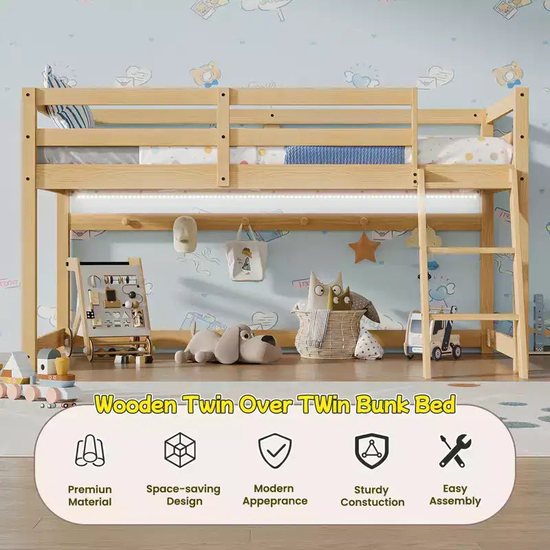 Letto a soppalco basso doppio per bambini - Convertibile in letto a castello, Struttura letto moderna in legno massiccio con illuminazione a striscia LED, QUERCIA