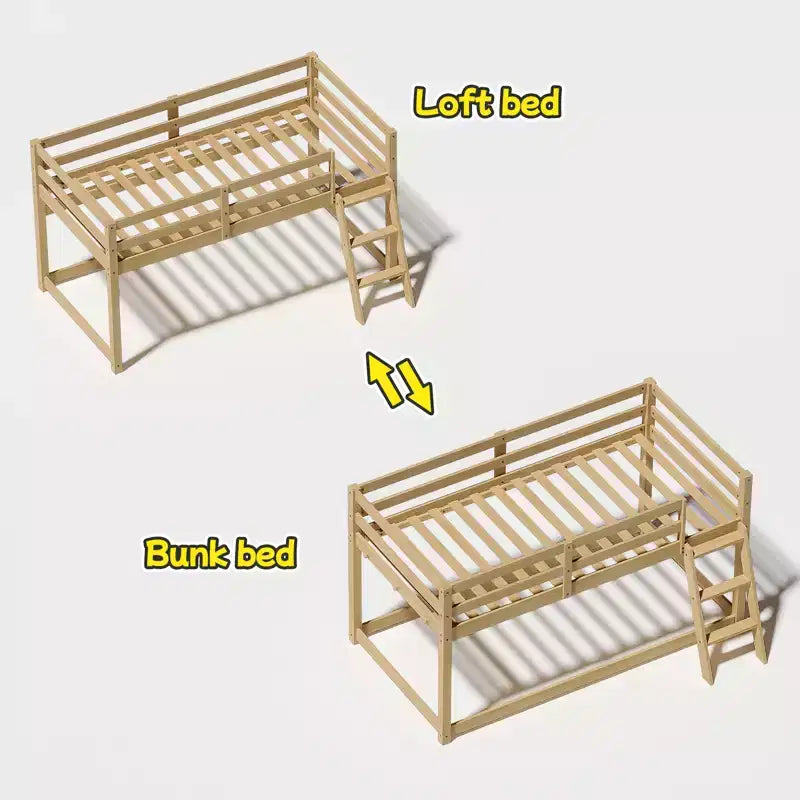 Letto a soppalco basso doppio per bambini - Convertibile in letto a castello, Struttura letto moderna in legno massiccio con illuminazione a striscia LED, QUERCIA