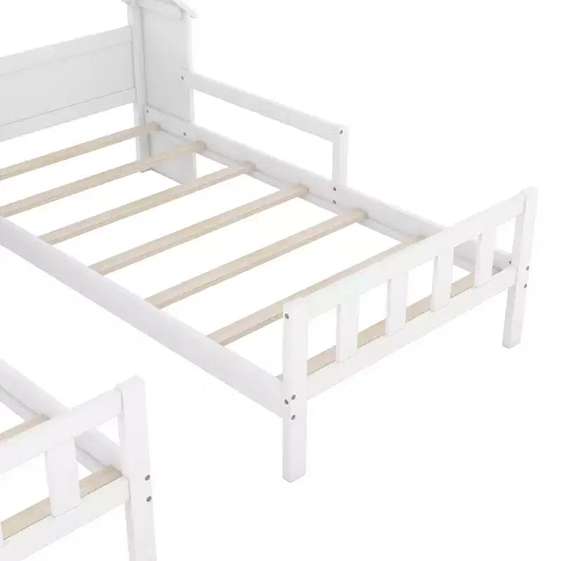 Letto a piattaforma matrimoniale doppio con testiera a forma di casetta e comodino integrato, bianco