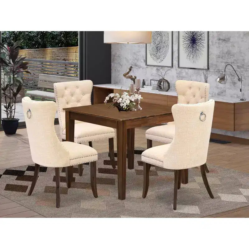 Set da 5 Pezzi in Legno Massello con Finitura Noce Antico - Top Quadrato per Sala da Pranzo Imbottita - 4 Posti a Sedere
