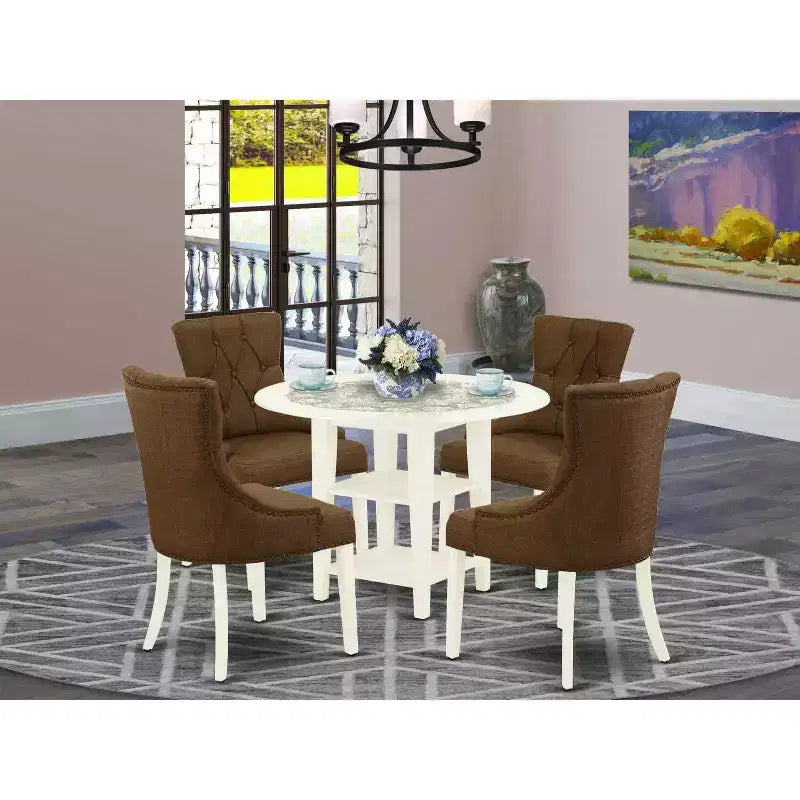Sala da Pranzo Rotonda con Top in Legno Massello Finitura Bianco Lino 5 Pezzi con Piano a Ribalta - 4 Posti a Sedere