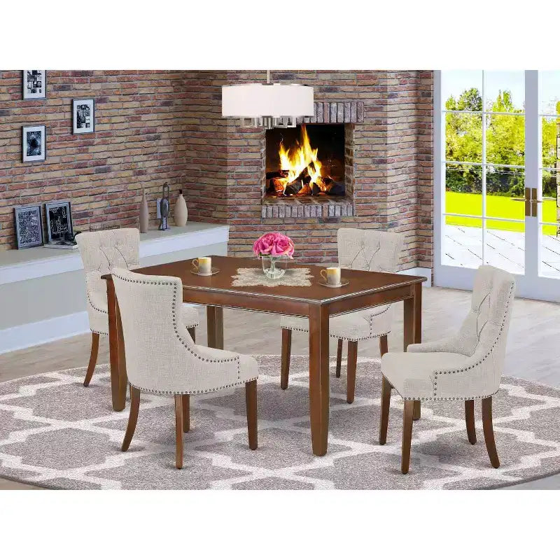Set 5 pz - Piano in legno massello con finitura mogano - Tavolo da pranzo rettangolare - 4 posti