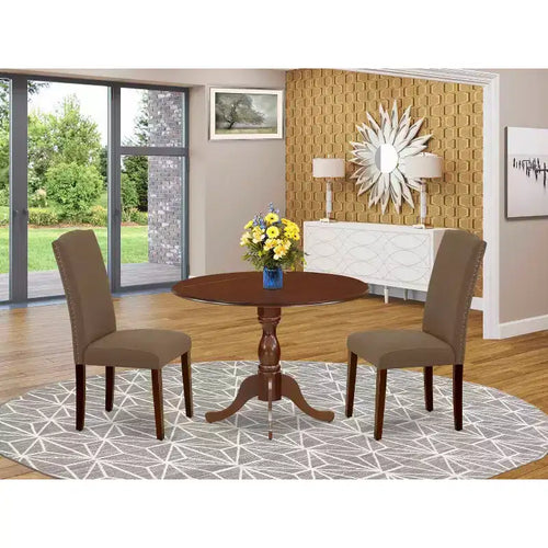 Sala da Pranzo Imbottita in Legno Massello con Finitura Mogano, 3 Pezzi (4 Posti)