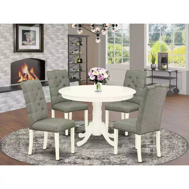 Tavolo da pranzo 5 pezzi con piano in legno massello finitura lino bianco e 4 sedie Parson