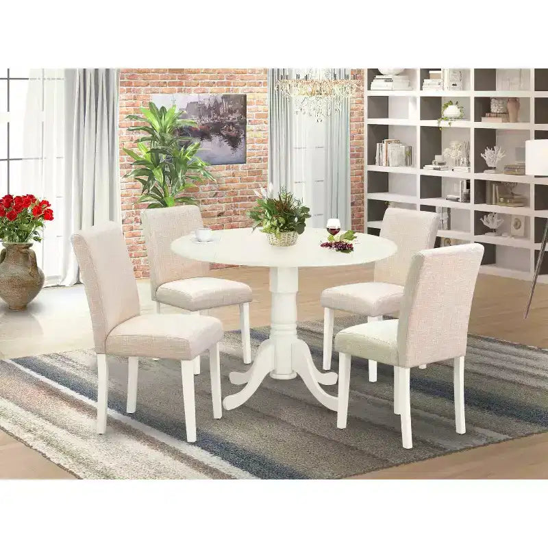 Tavolo da cucina rotondo con 4 sedie - Tavolo da pranzo da 42" e sedie Parson - Bianco lino e Beige