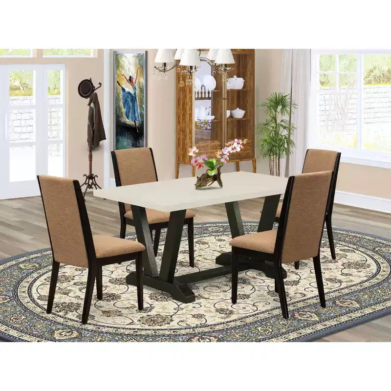 Tavolo da pranzo con piano in legno massello finitura rovere naturale, 5 pezzi con 4 sedie