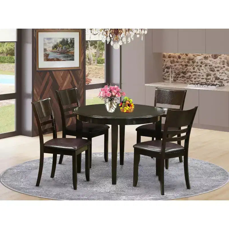 Tavolo da pranzo rotondo con piano in legno massello finitura cappuccino e 4 sedie - 5 pezzi