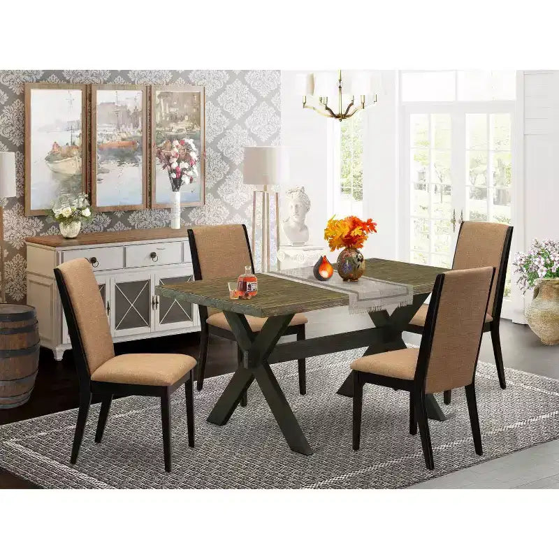 Tavolo da pranzo rettangolare a 5 pezzi con top in legno massello con finitura anticata Jacobean e 4 sedie