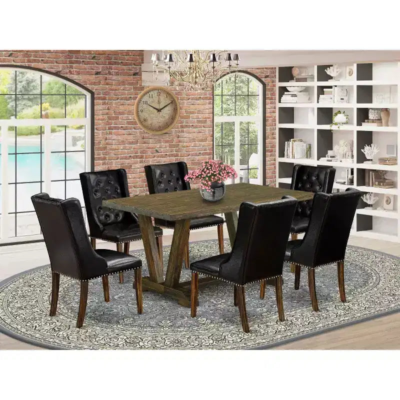 Set da pranzo in 7 pezzi con piano in legno massello multicolore e rivestimento trapuntato a bottoni - 4 posti a sedere