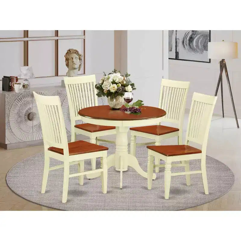 Set da pranzo rustico 5 pezzi - Tavolo da cucina e 4 sedie - Tavolo rotondo con sedili in legno - Stile rustico
