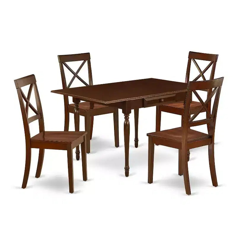 HomeStock 5-Pc Mahogany Finish Solid Wood Top - Rectangular Dining Room Set with Dropleaf - Seats 4