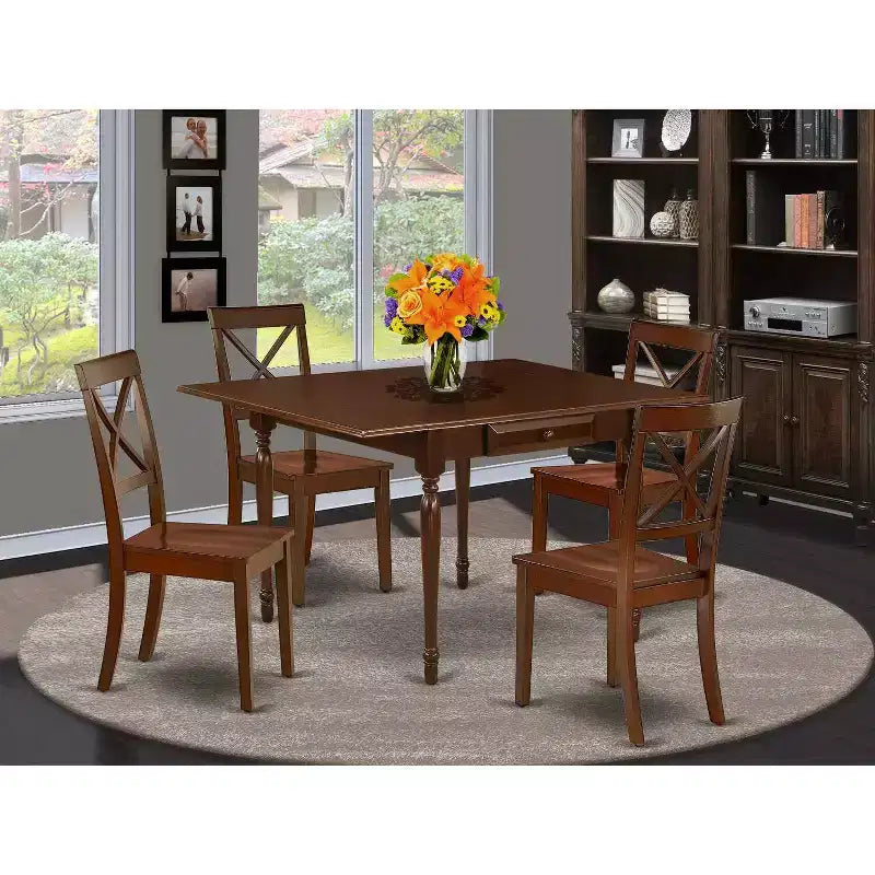Set da pranzo da 5 pezzi in legno massello con finitura mogano - Tavolo rettangolare con alette a scomparsa - 4 posti