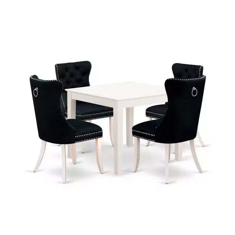 Set 5 pezzi con ripiano in legno massello con finitura bianca lino - Sala da pranzo con sedie imbottite quadrate - Posti a sedere per 4 persone