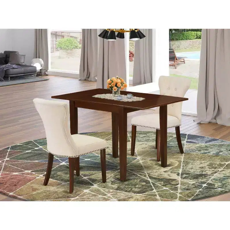 Tavolo da pranzo rettangolare a 3 pezzi con piano in legno massello finitura mogano e alette abbattibili