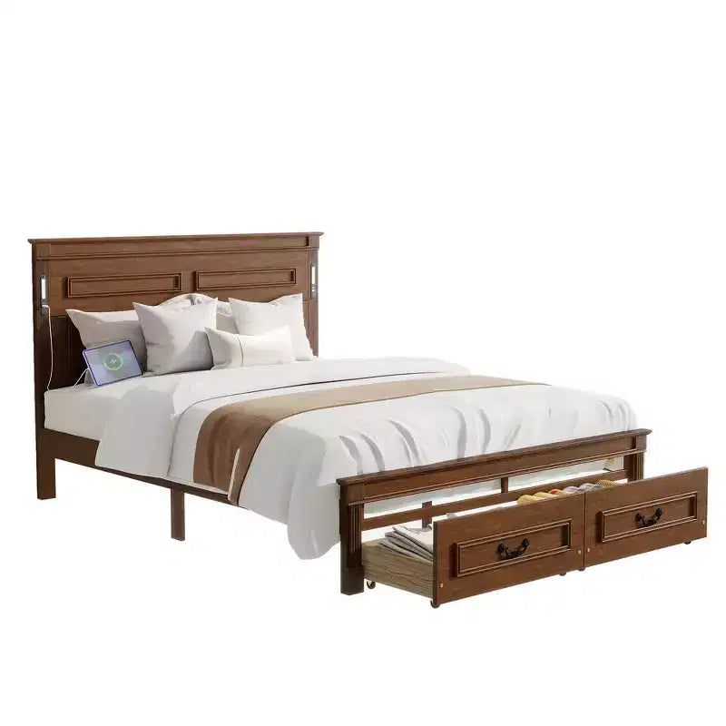 Letto matrimoniale in legno con testiera e pediera alte, 2 cassetti portaoggetti