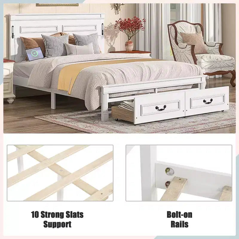 Letto matrimoniale in legno con testiera e pediera alte, 2 cassetti portaoggetti