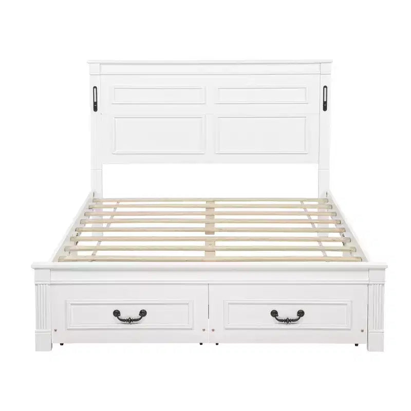 Letto matrimoniale in legno con testiera e pediera alte, 2 cassetti portaoggetti