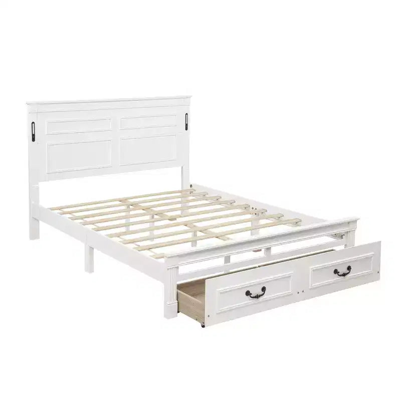 Letto matrimoniale in legno con testiera e pediera alte, 2 cassetti portaoggetti