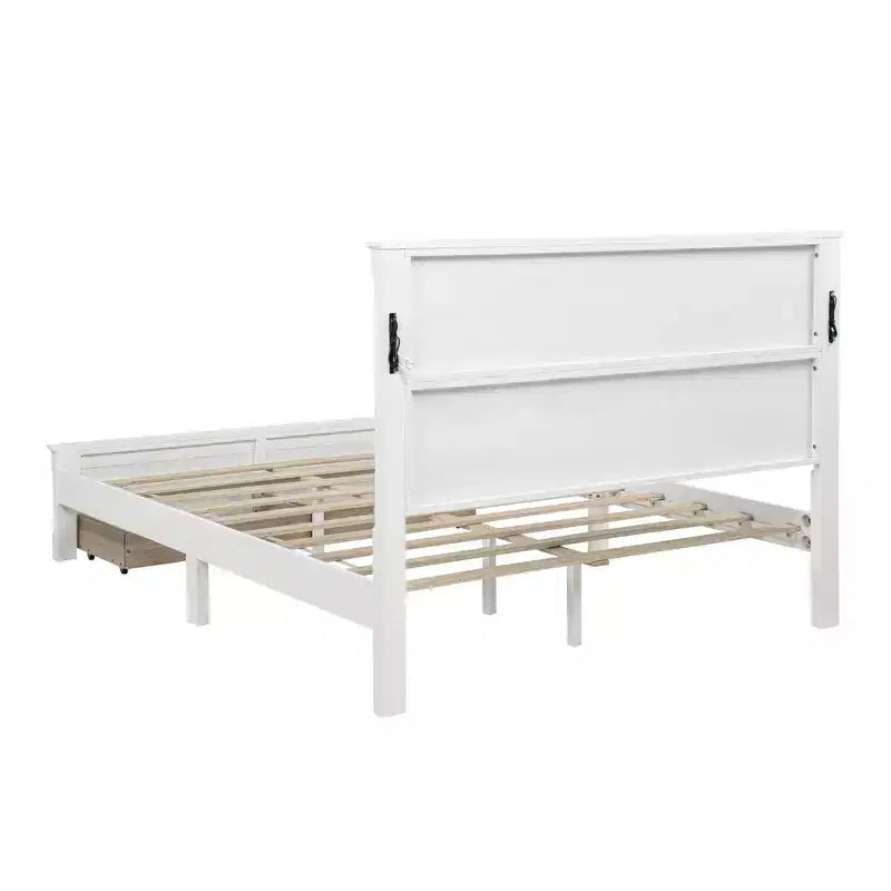 Letto matrimoniale in legno con testiera e pediera alte, 2 cassetti portaoggetti
