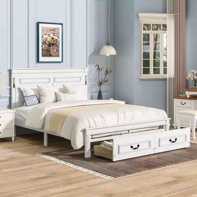 Letto matrimoniale in legno con testiera e pediera alte, 2 cassetti portaoggetti