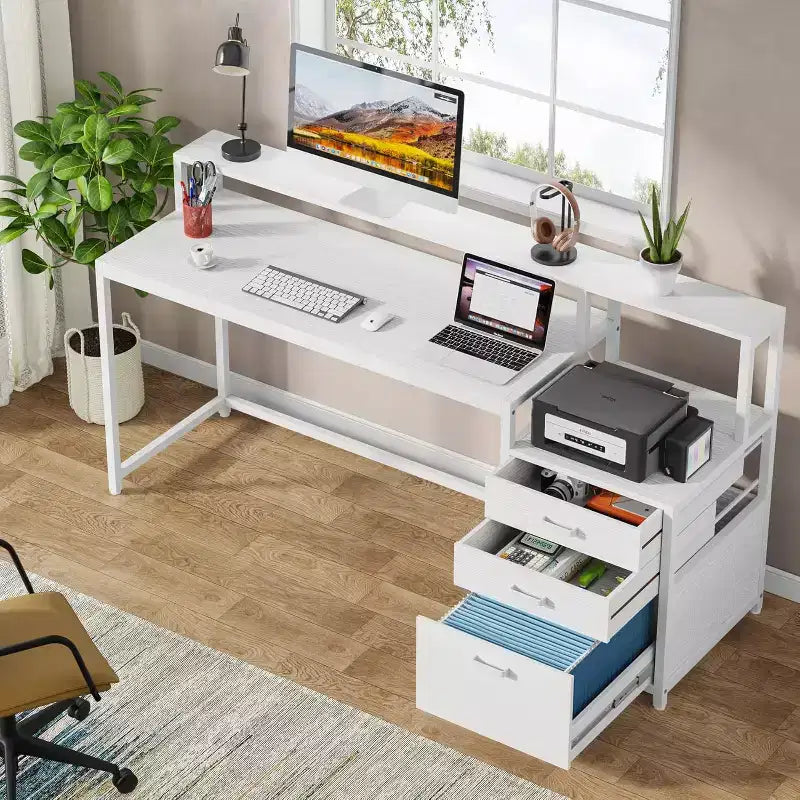 Scrivania per Computer Bianca da 160 cm: Scrivania ergonomica da ufficio con cassetto portadocumenti, supporto per monitor, spazio per stampante, postazione di lavoro ideale in legno per l'home office