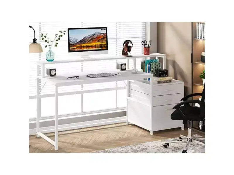 Scrivania per Computer Bianca da 160 cm: Scrivania ergonomica da ufficio con cassetto portadocumenti, supporto per monitor, spazio per stampante, postazione di lavoro ideale in legno per l'home office