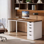 Lantine 47-Inch Modern Computer Desk, PC Desk with 5 Reversible Drawers, Study Writing Table for Home Office Small Spaces, Brown & White