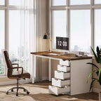 Scrivania moderna per computer da 47 pollici, scrivania PC con 5 cassetti reversibili, tavolo da studio per ufficio domestico spazi piccoli, marrone e bianco