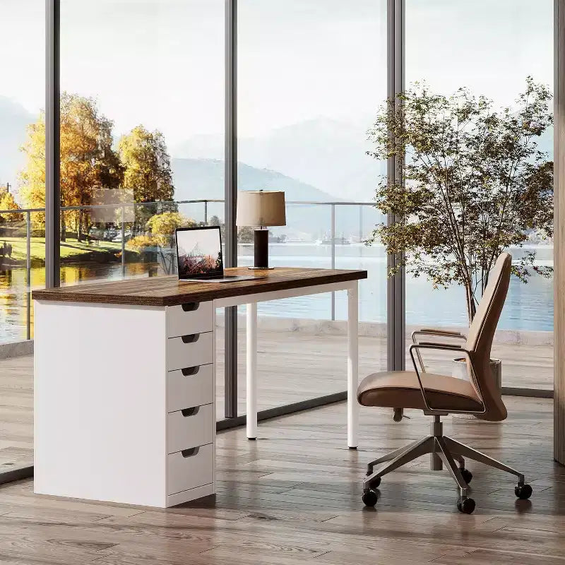 Scrivania moderna per computer da 47 pollici, scrivania PC con 5 cassetti reversibili, tavolo da studio per ufficio domestico spazi piccoli, marrone e bianco
