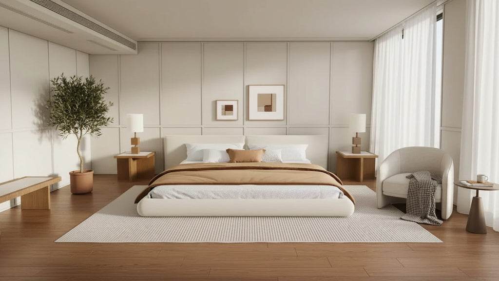 ModernLuxe Low-Profile Upholstered Platform Bed, Floor-Hugging Queen/King Bed Frame with Oversized Headboard, Cream