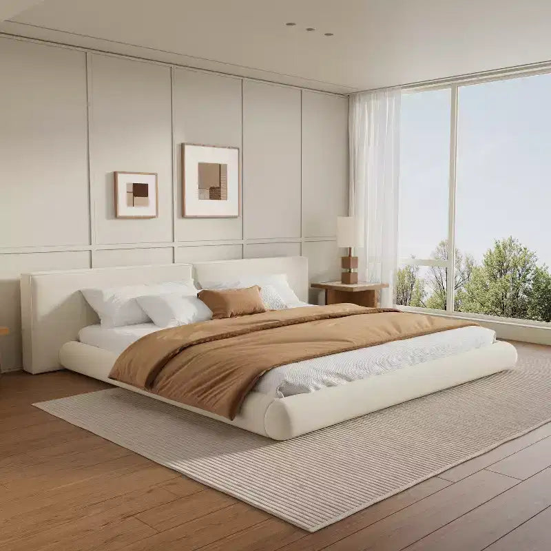 Letto Imbottito a Piattaforma Ribassato, Telaio Letto Queen/King a Filo Pavimento con Testiera Oversize, Crema