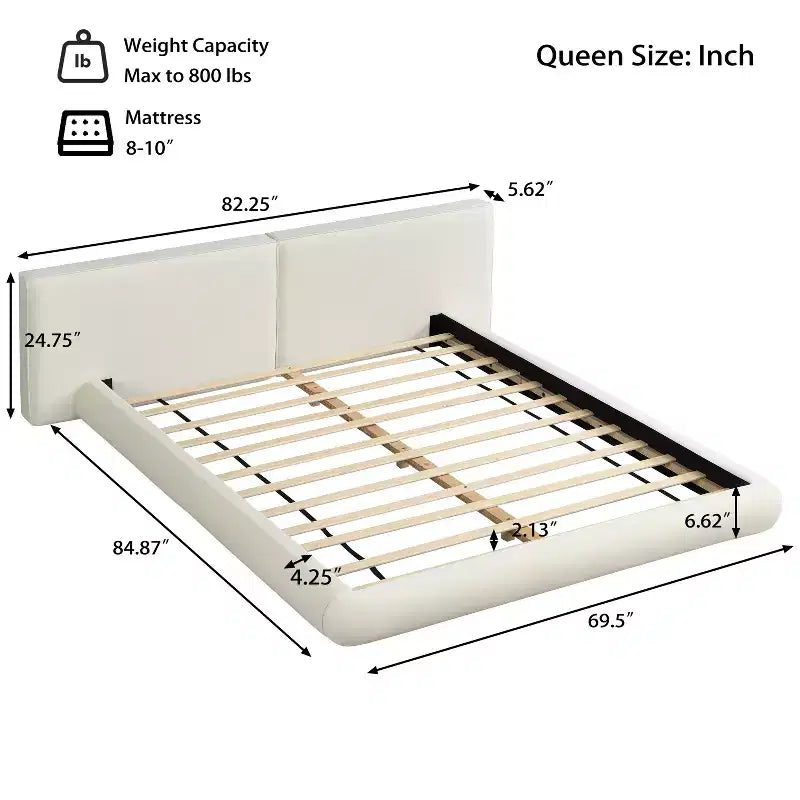 Letto Imbottito a Piattaforma Ribassato, Telaio Letto Queen/King a Filo Pavimento con Testiera Oversize, Crema