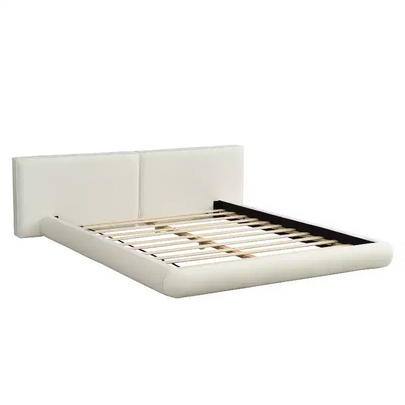 Letto Imbottito a Piattaforma Ribassato, Telaio Letto Queen/King a Filo Pavimento con Testiera Oversize, Crema