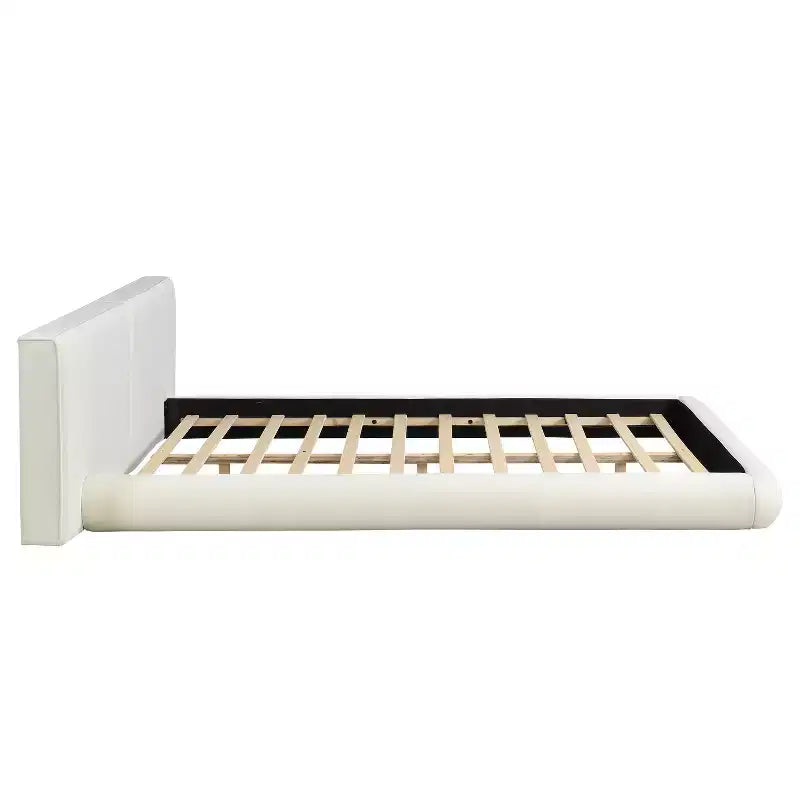 Letto Imbottito a Piattaforma Ribassato, Telaio Letto Queen/King a Filo Pavimento con Testiera Oversize, Crema