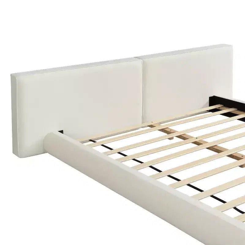 Letto Imbottito a Piattaforma Ribassato, Telaio Letto Queen/King a Filo Pavimento con Testiera Oversize, Crema