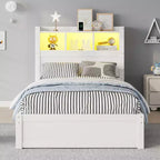 Letto in legno singolo/matrimoniale con testiera contenitore, illuminazione a LED integrata e stazione di ricarica, 2 cassetti e mobile estraibile