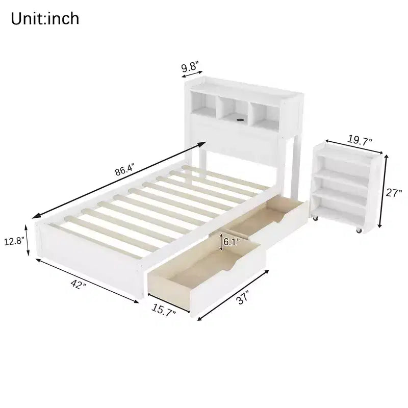 Letto in legno singolo/matrimoniale con testiera contenitore, illuminazione a LED integrata e stazione di ricarica, 2 cassetti e mobile estraibile