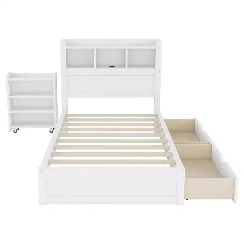 Letto in legno singolo/matrimoniale con testiera contenitore, illuminazione a LED integrata e stazione di ricarica, 2 cassetti e mobile estraibile