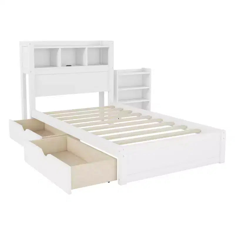 Letto in legno singolo/matrimoniale con testiera contenitore, illuminazione a LED integrata e stazione di ricarica, 2 cassetti e mobile estraibile