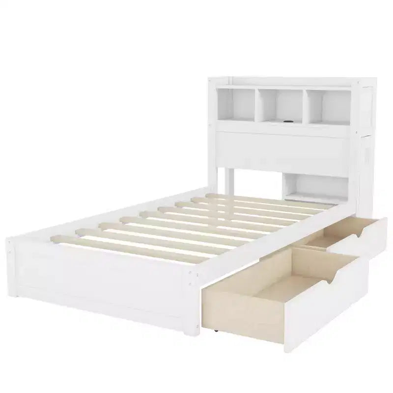 Letto in legno singolo/matrimoniale con testiera contenitore, illuminazione a LED integrata e stazione di ricarica, 2 cassetti e mobile estraibile