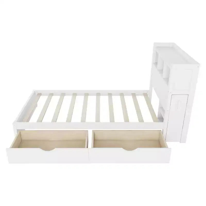 Letto in legno singolo/matrimoniale con testiera contenitore, illuminazione a LED integrata e stazione di ricarica, 2 cassetti e mobile estraibile