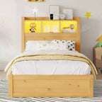 Letto in legno singolo/matrimoniale con testiera contenitore, illuminazione a LED integrata e stazione di ricarica, 2 cassetti e mobile estraibile