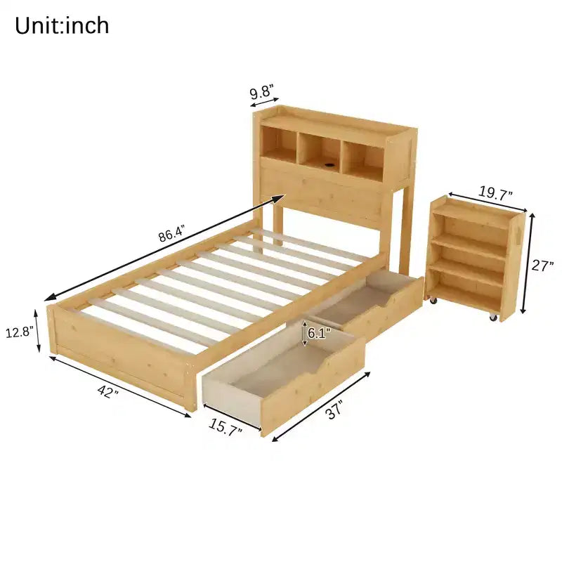 Letto in legno singolo/matrimoniale con testiera contenitore, illuminazione a LED integrata e stazione di ricarica, 2 cassetti e mobile estraibile