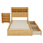 Letto in legno singolo/matrimoniale con testiera contenitore, illuminazione a LED integrata e stazione di ricarica, 2 cassetti e mobile estraibile