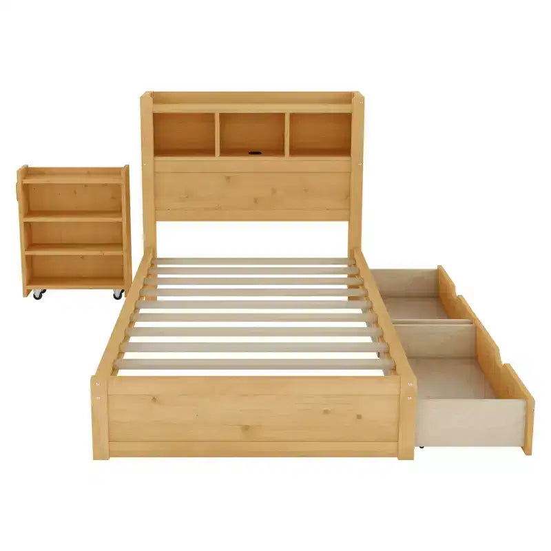 Letto in legno singolo/matrimoniale con testiera contenitore, illuminazione a LED integrata e stazione di ricarica, 2 cassetti e mobile estraibile